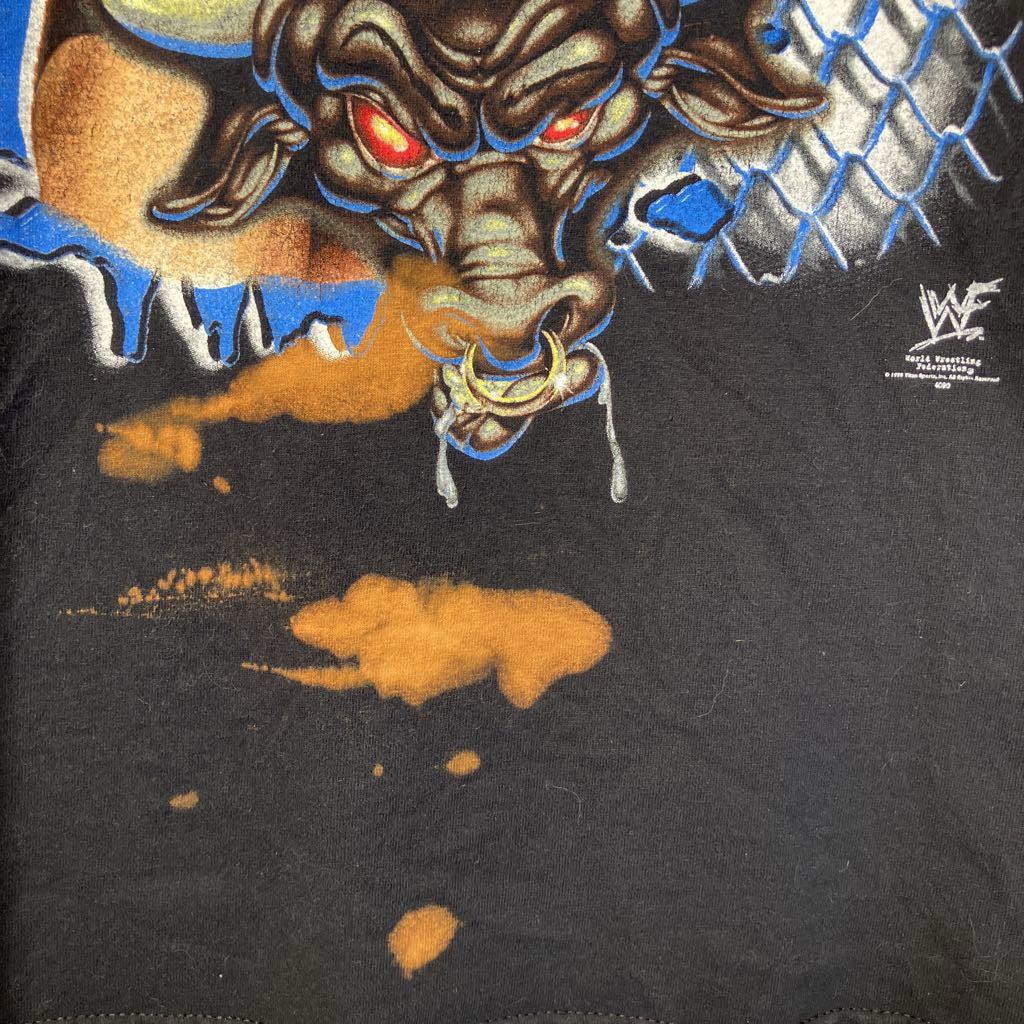 Black t-shirt with a colorful bull graphic and WWE logo.