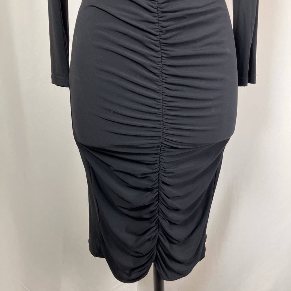 Dark gray ruched skirt on a mannequin against a plain background