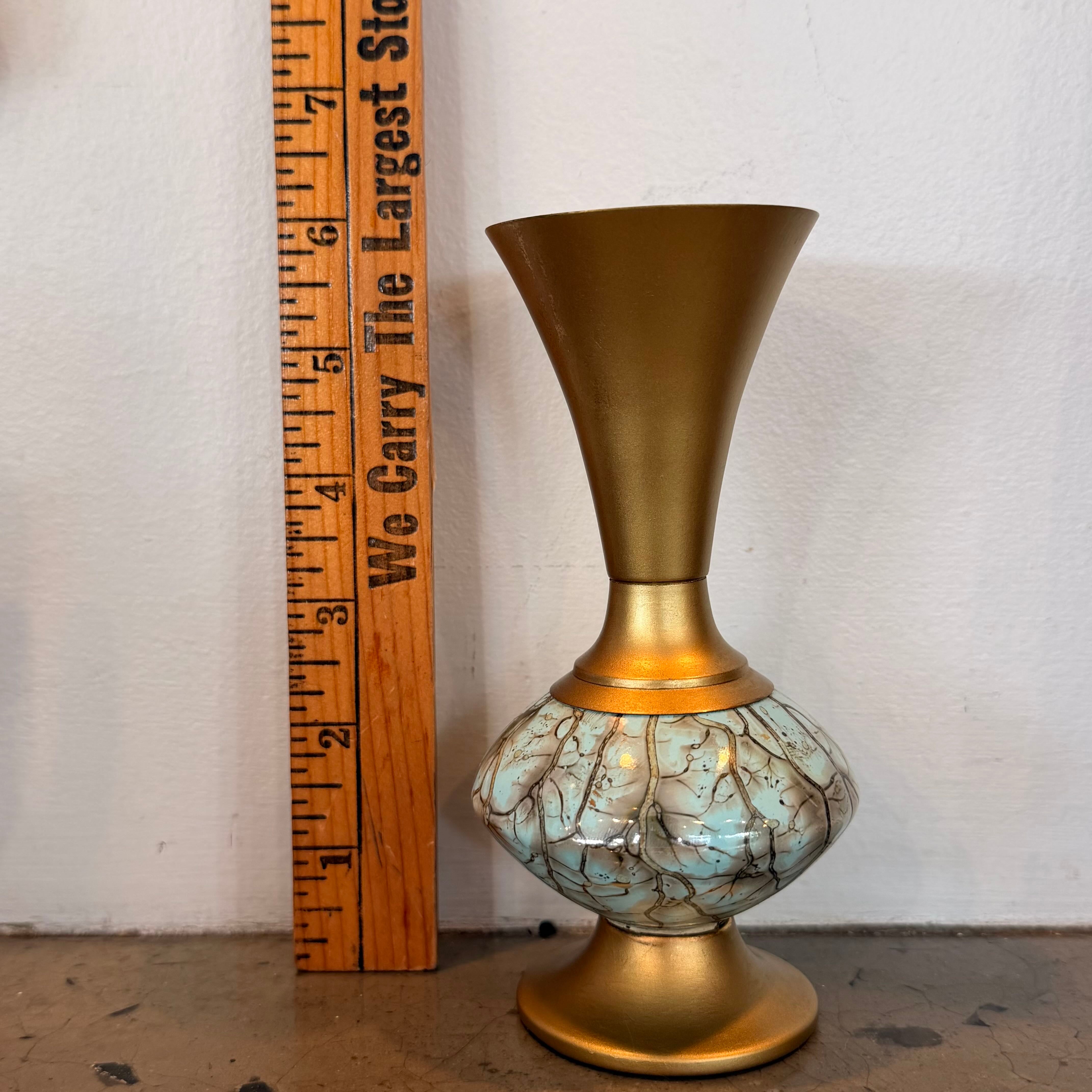 Vintage Delft Holland Brass and Ceramic Bud Vase against a white background with a ruler next to vase for height reference