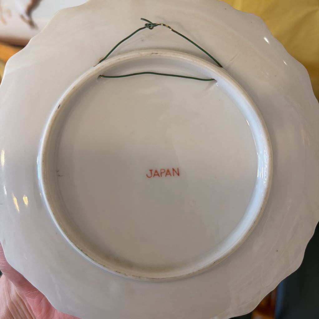 Back of a white ceramic plate with 'JAPAN' printed on it, held by a person.