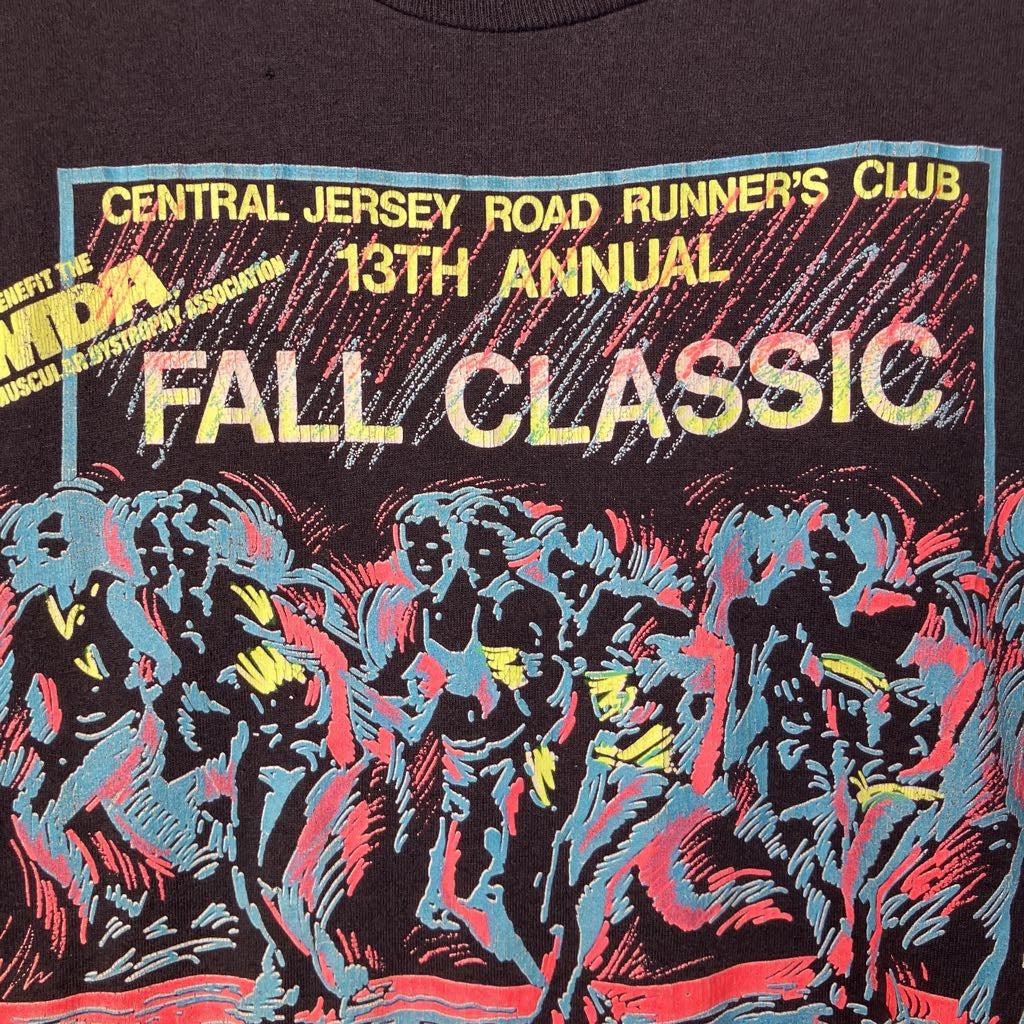 Vintage t-shirt with colorful graphic and text about the Central Jersey Road Runner's Club Fall Classic.