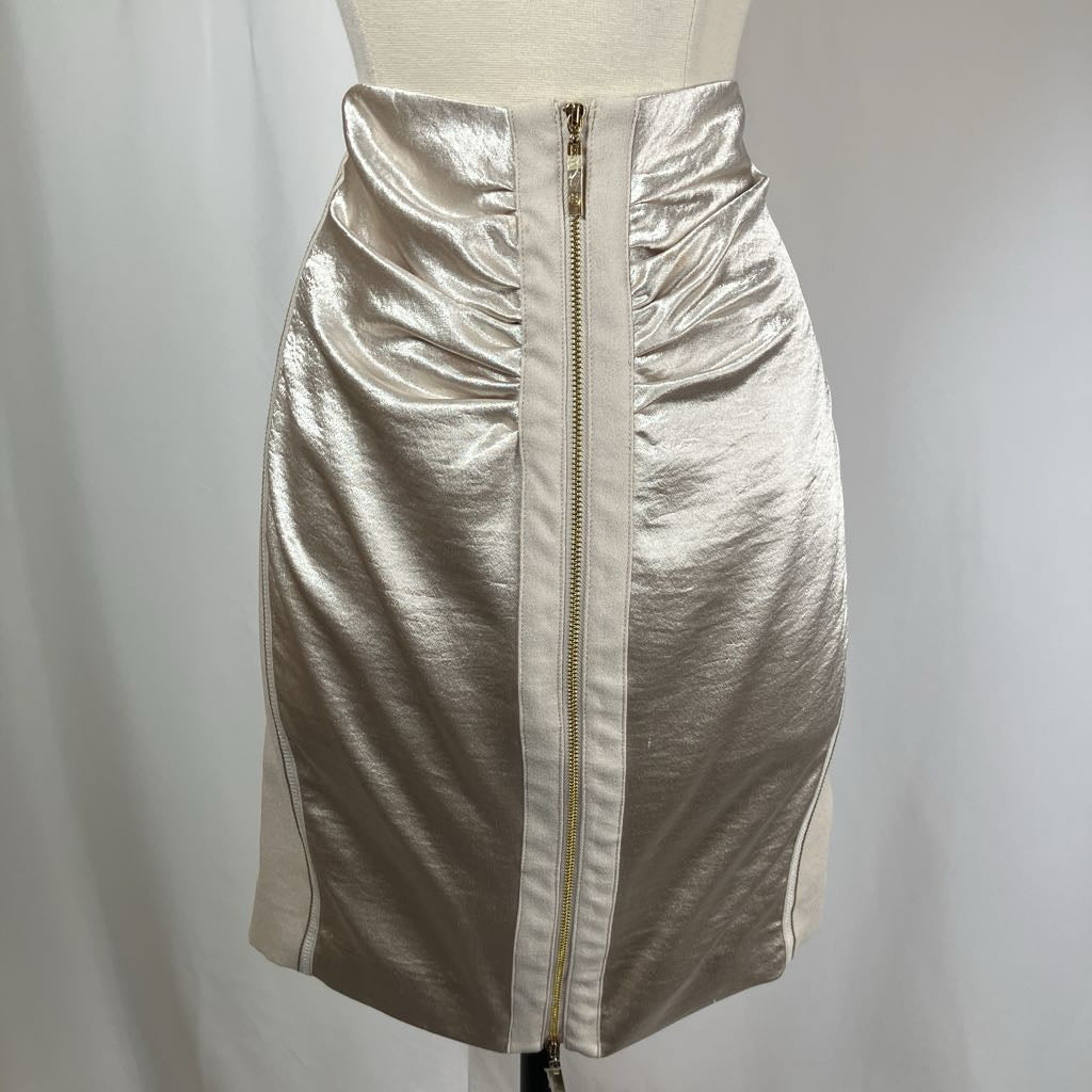 Silver metallic skirt with a zipper on a mannequin against a white background