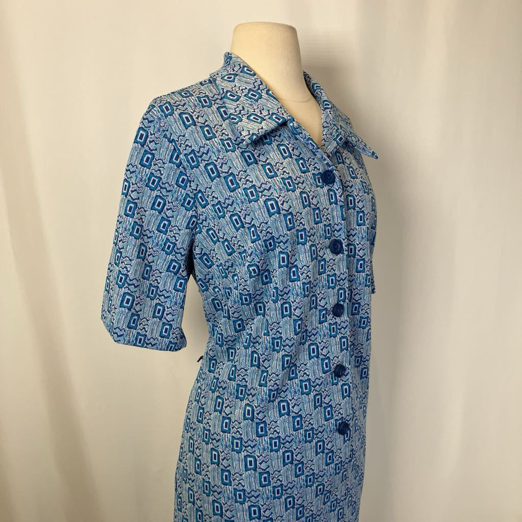 70s shirt dress 1970s Blue Geometric Shortwaist Dress