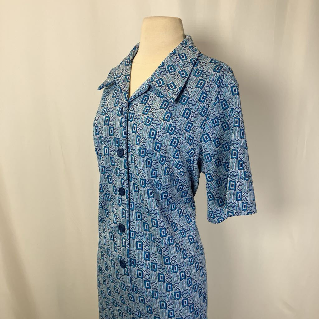 1970s Blue Geometric Shortwaist Dress