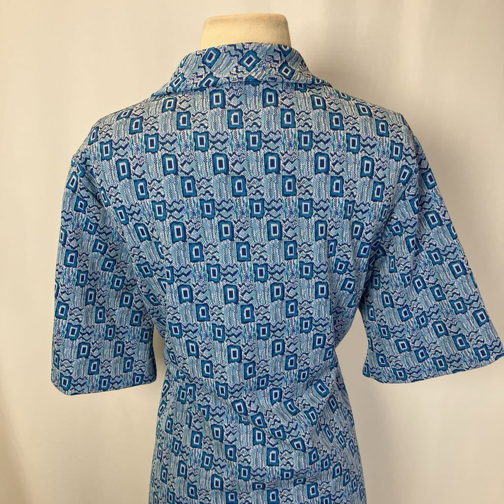 1970s Blue Geometric Shortwaist Dress 1970s Blue Geometric Shortwaist Dress