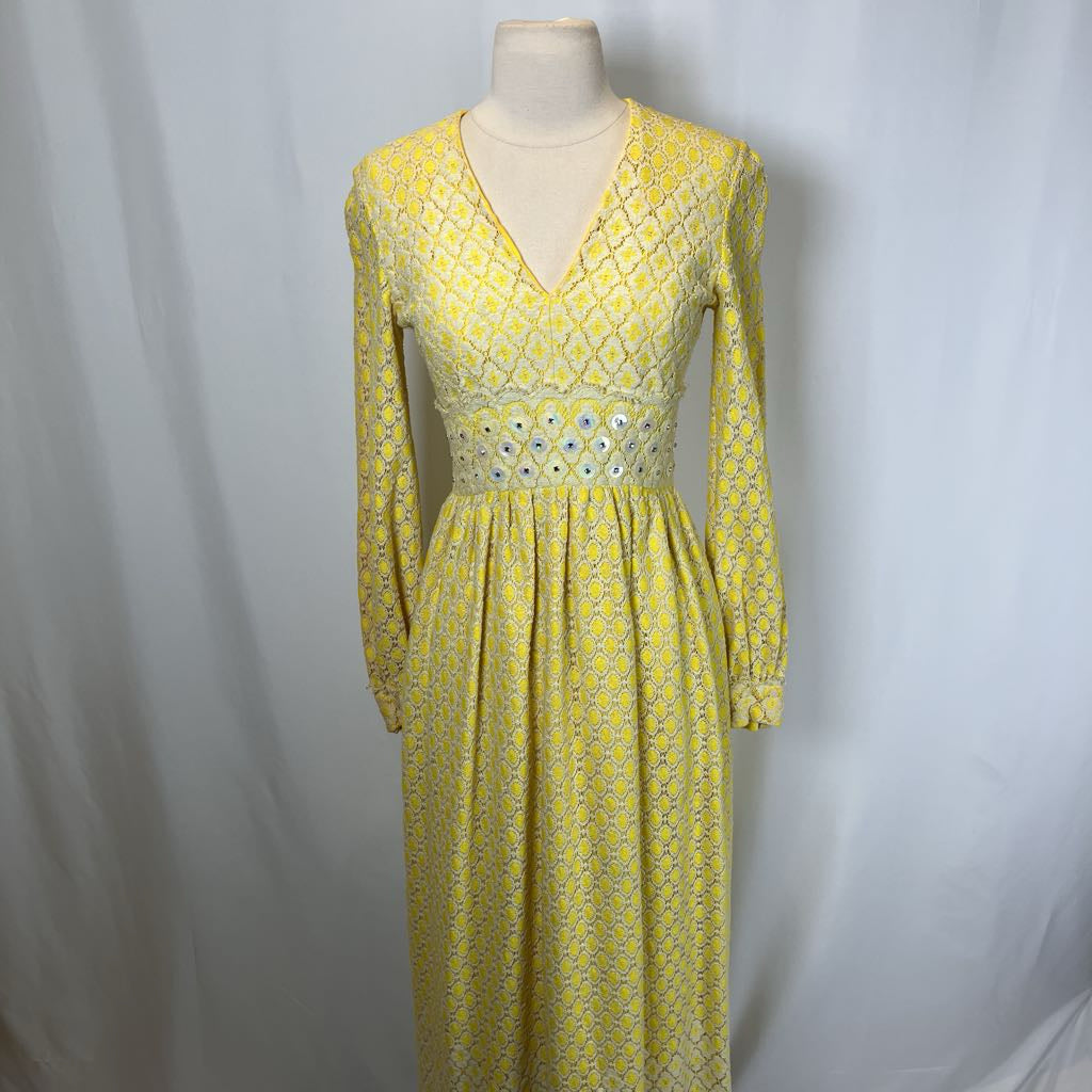 1970s Yellow Lace Maxi Dress w/ Rhinestones