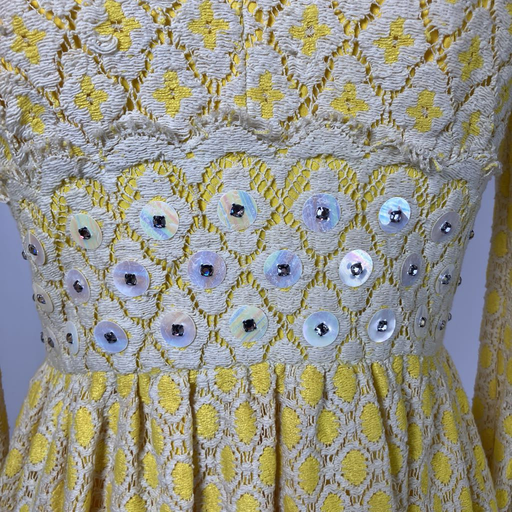 1970s Yellow Lace Maxi Dress w/ Rhinestones