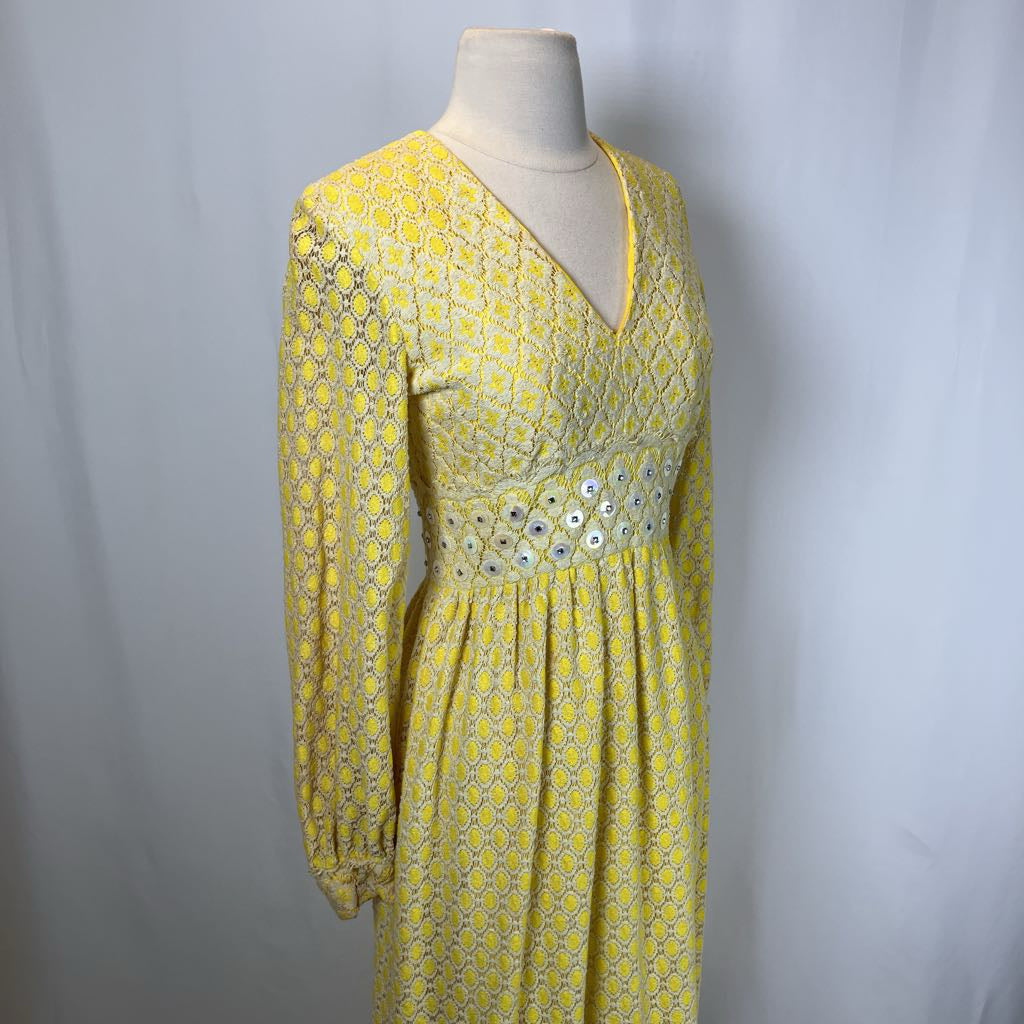 1970s Yellow Lace Maxi Dress w/ Rhinestones