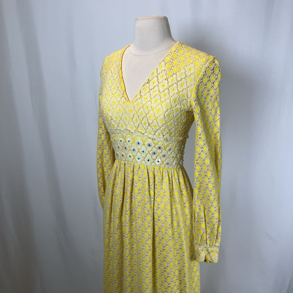 1970s Yellow Lace Maxi Dress w/ Rhinestones