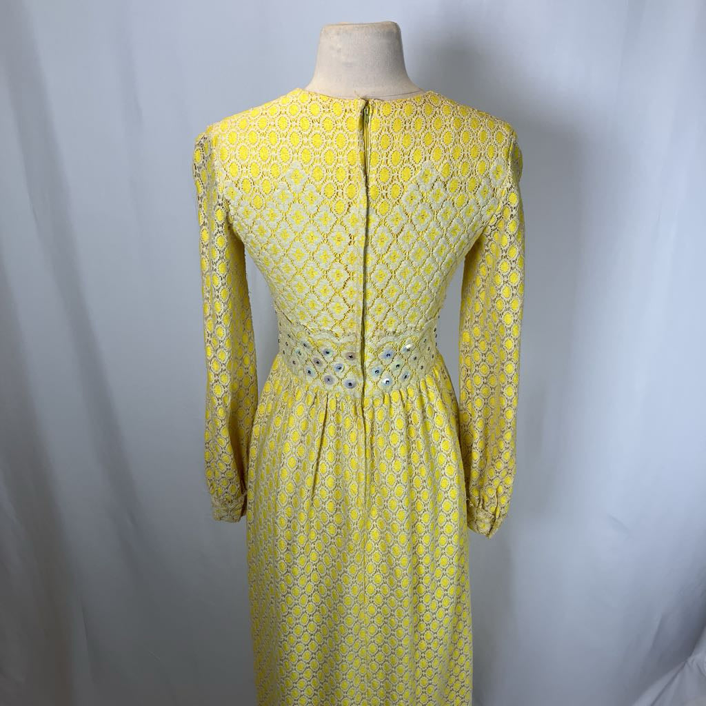 1970s Yellow Lace Maxi Dress w/ Rhinestones