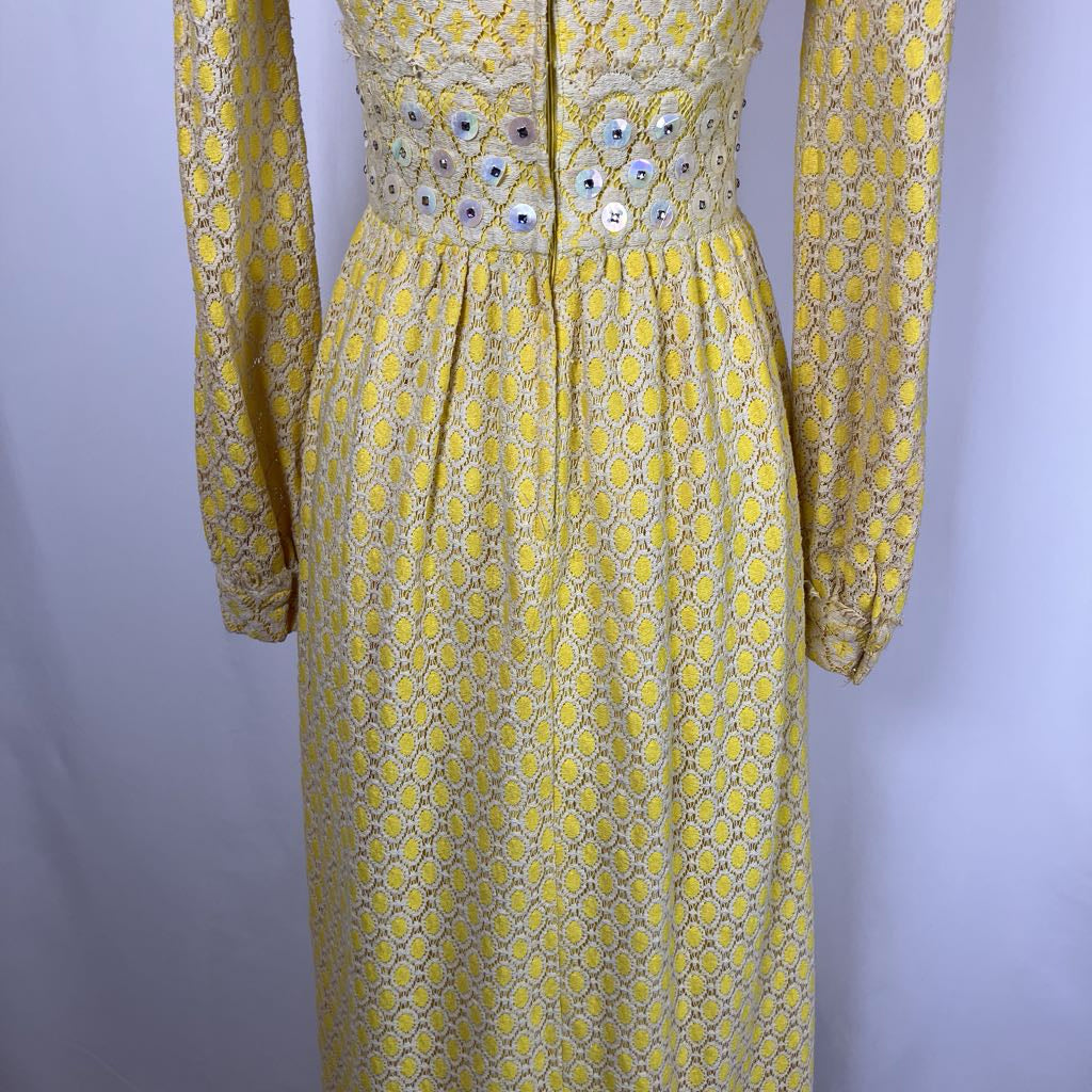 1970s Yellow Lace Maxi Dress w/ Rhinestones