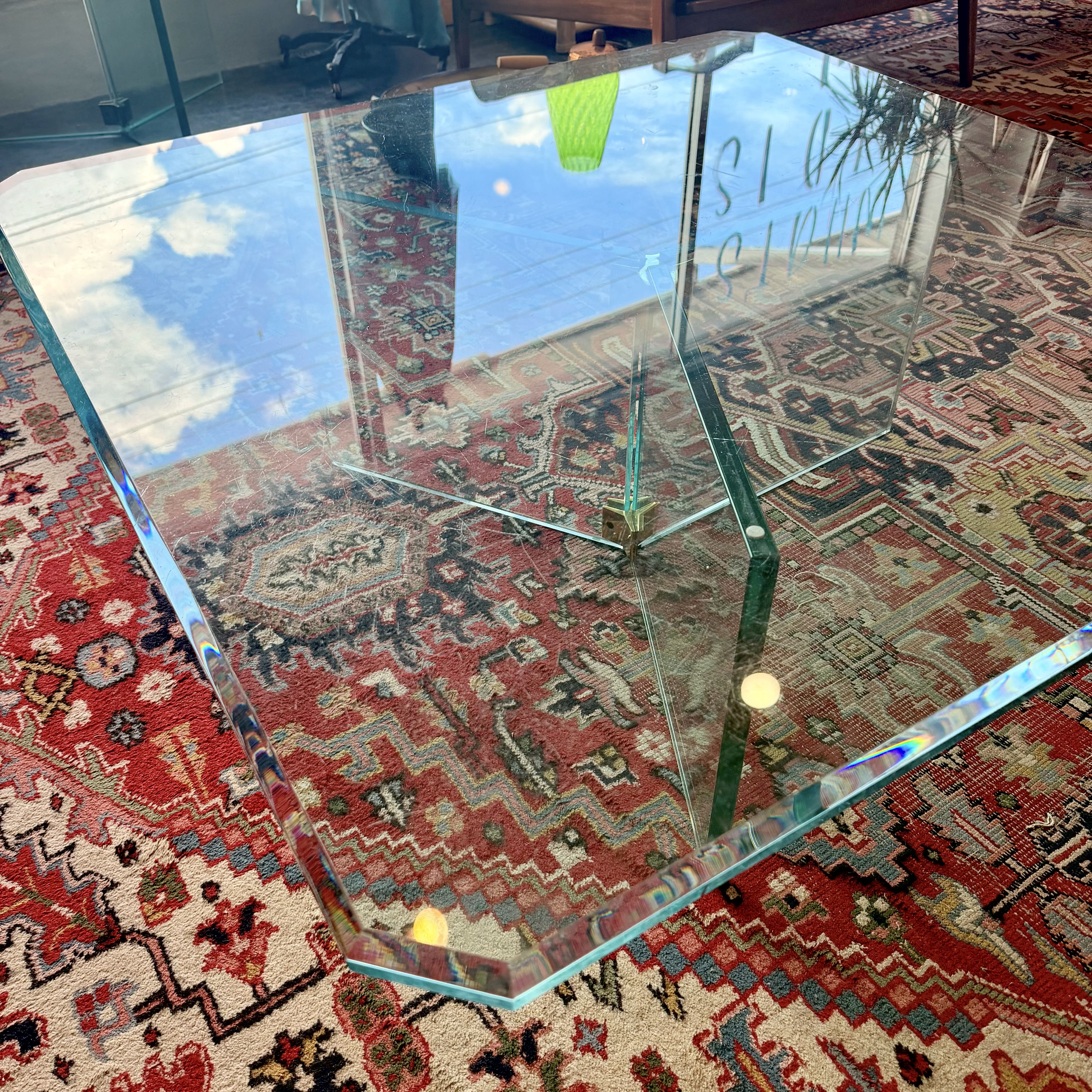 Vintage Leon Rosen Style Glass & Brass Large Coffee Table