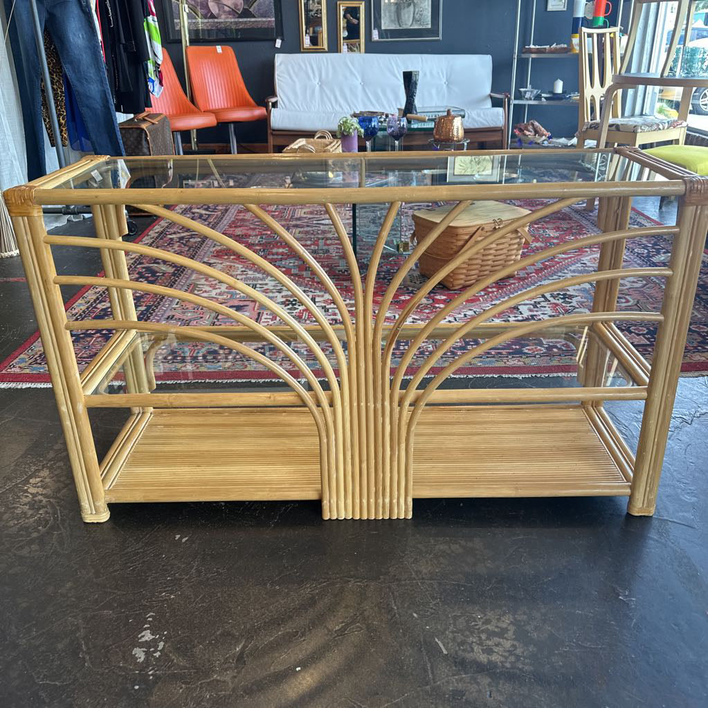 Mid Century Palm Beach Regency Bamboo & Rattan Starburst Console Table