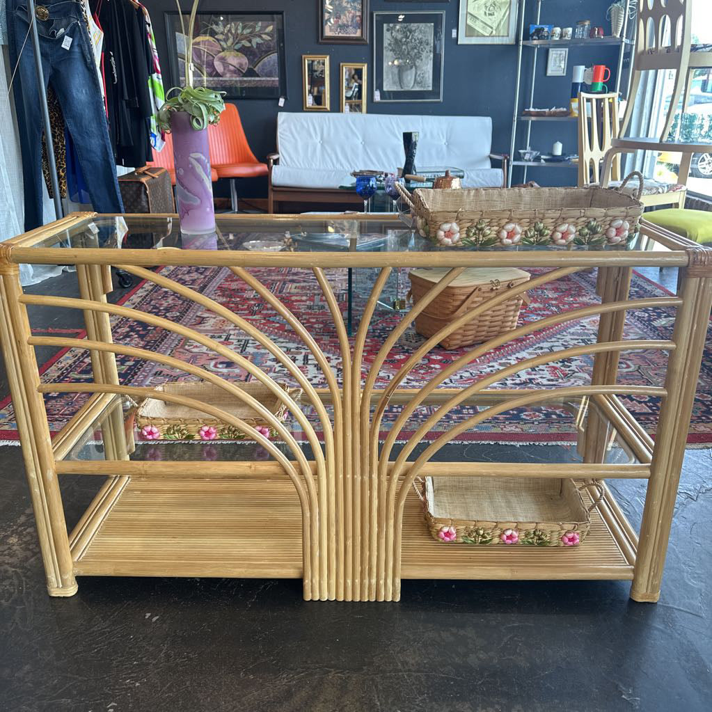 Mid Century Palm Beach Regency Bamboo & Rattan Starburst Console Table