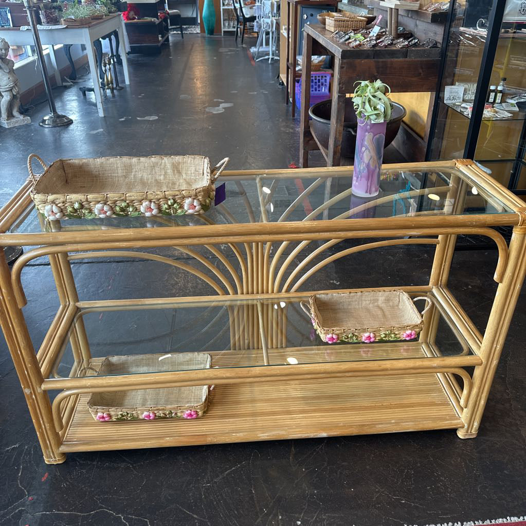 Mid Century Palm Beach Regency Bamboo & Rattan Starburst Console Table