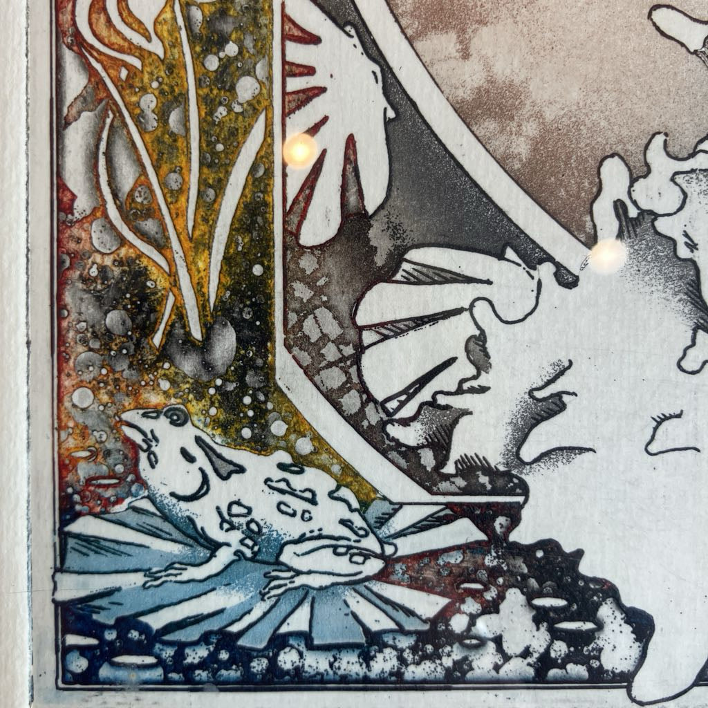 Decorative art with a stylized frog and abstract patterns