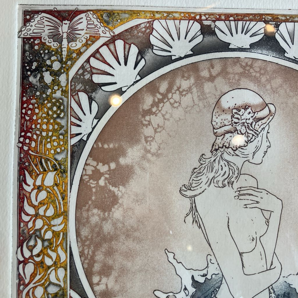 Decorative artwork with a stylized figure, butterfly, and shell patterns.