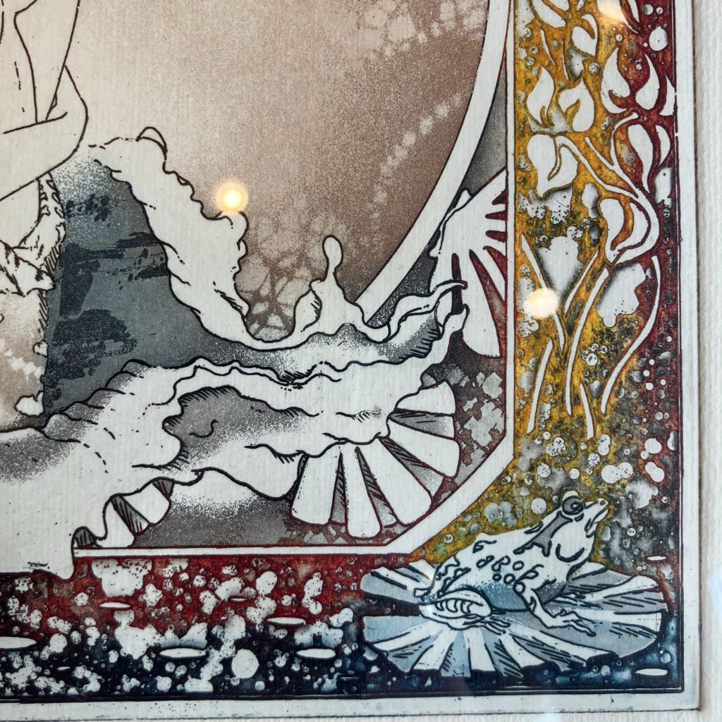 Decorative glass panel with artistic design of a woman and child, surrounded by floral patterns.
