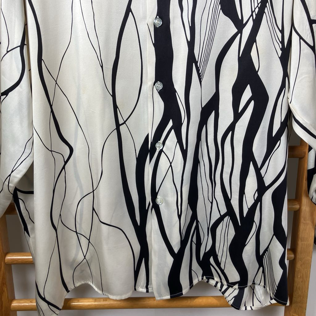 1990s Genelli White Black Silk Long Sleeve Button Up Shirt