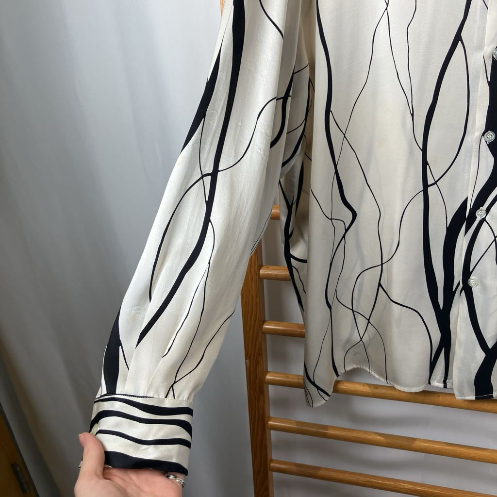 1990s Genelli White Black Silk Long Sleeve Button Up Shirt