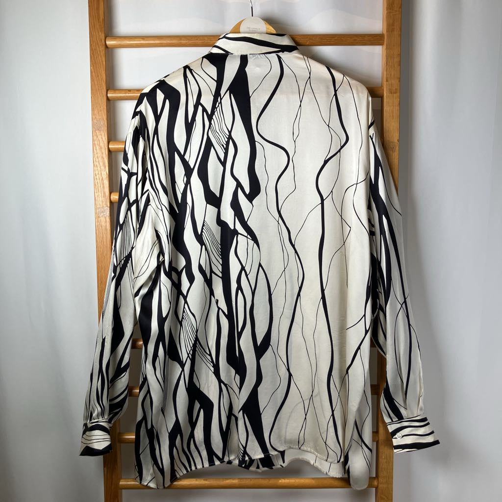 1990s Genelli White Black Silk Long Sleeve Button Up Shirt