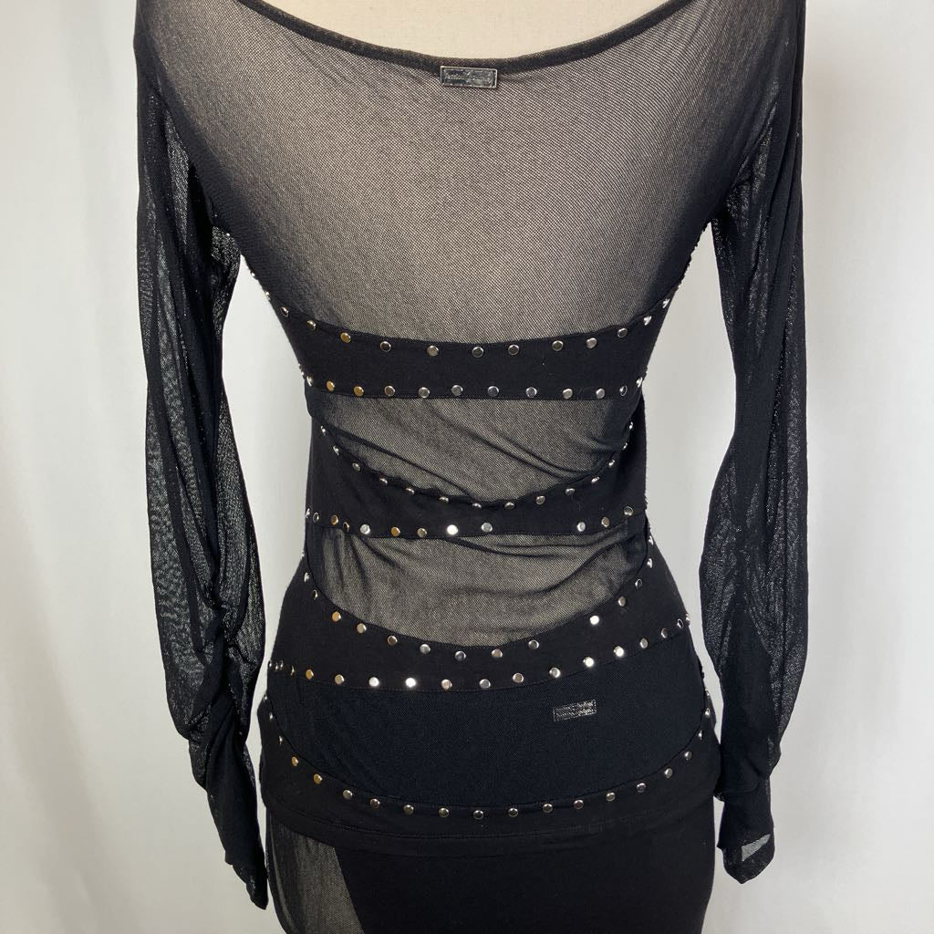 Black sheer top with studded details on a white background