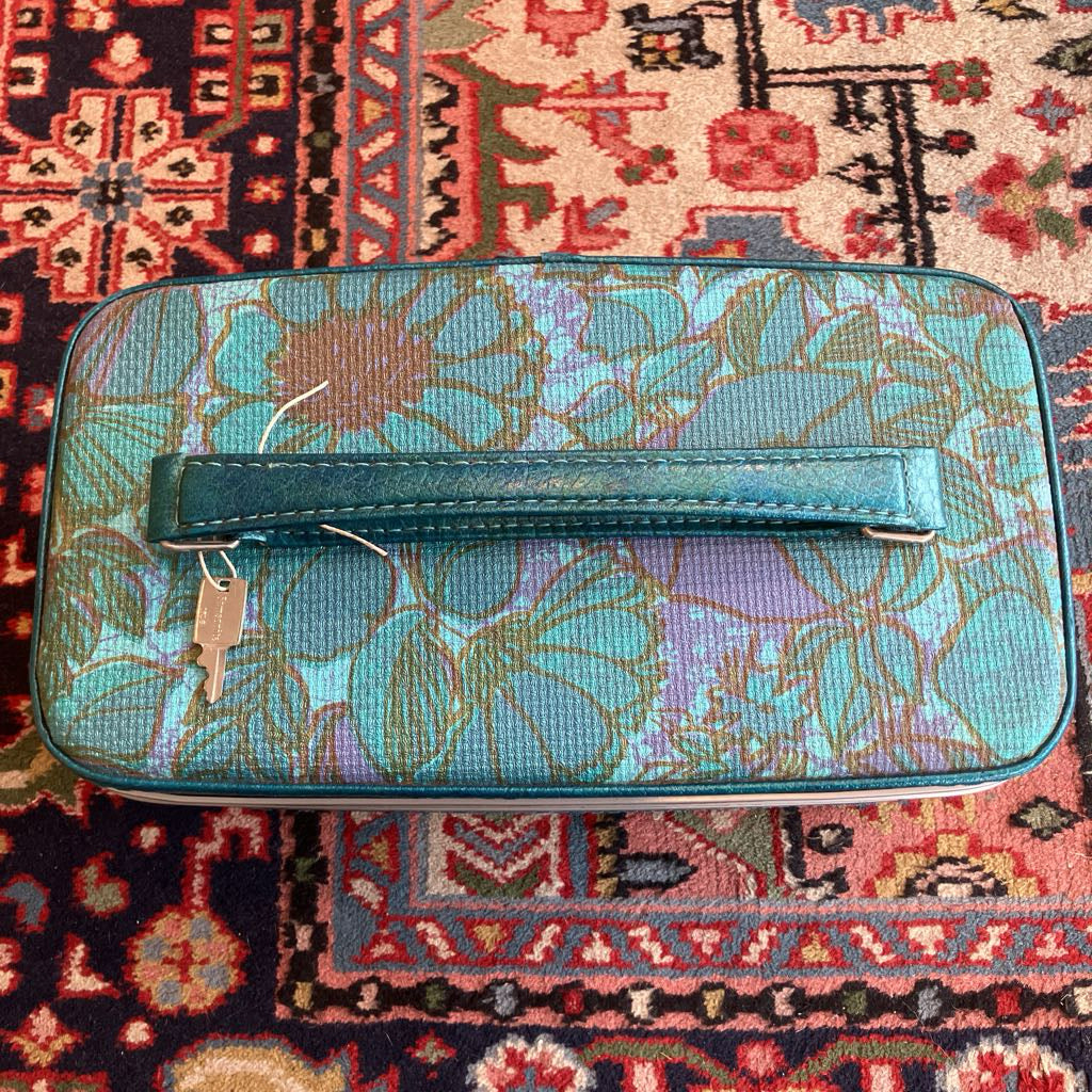 Floral-patterned clutch bag on a colorful rug