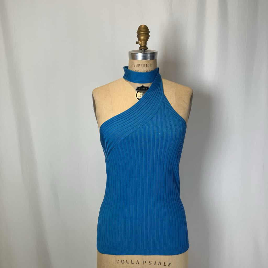 Blue ribbed halter top on a mannequin against a plain background