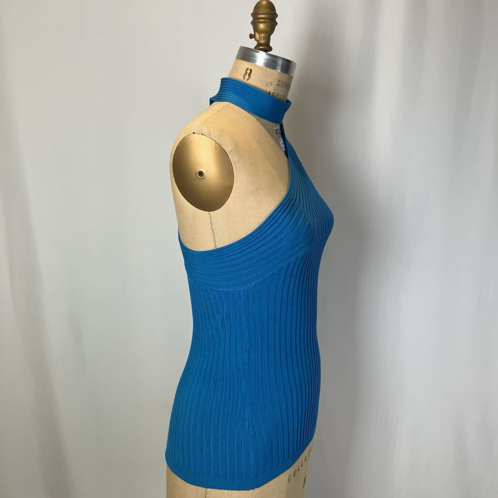 Blue ribbed tank top on a mannequin against a plain background