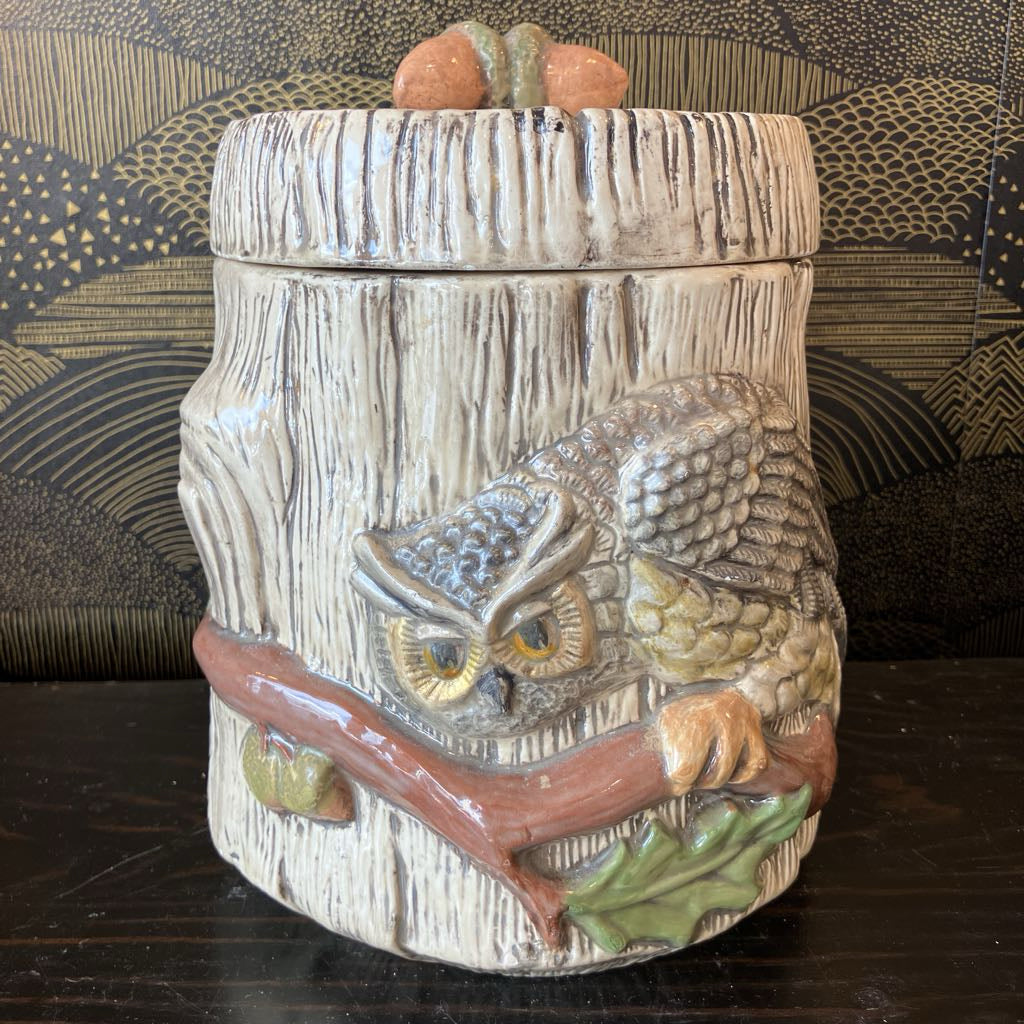 Ceramic jar with owl design on a wooden surface
