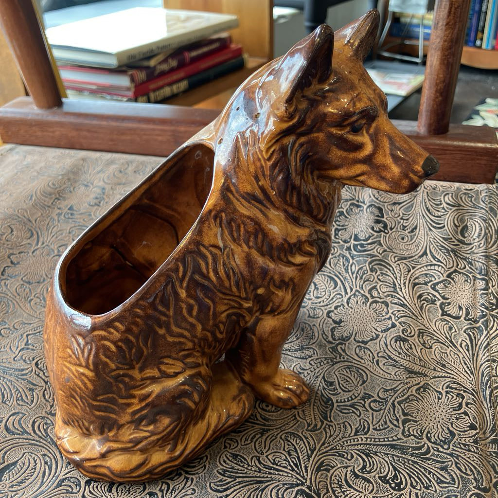 Brown dog-shaped container on a patterned surface with books in the background