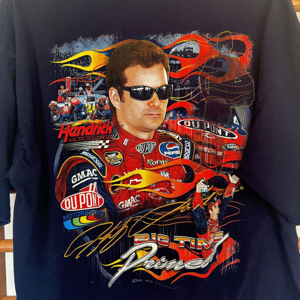 Nascar themed t-shirt with graphics and text on a dark background
