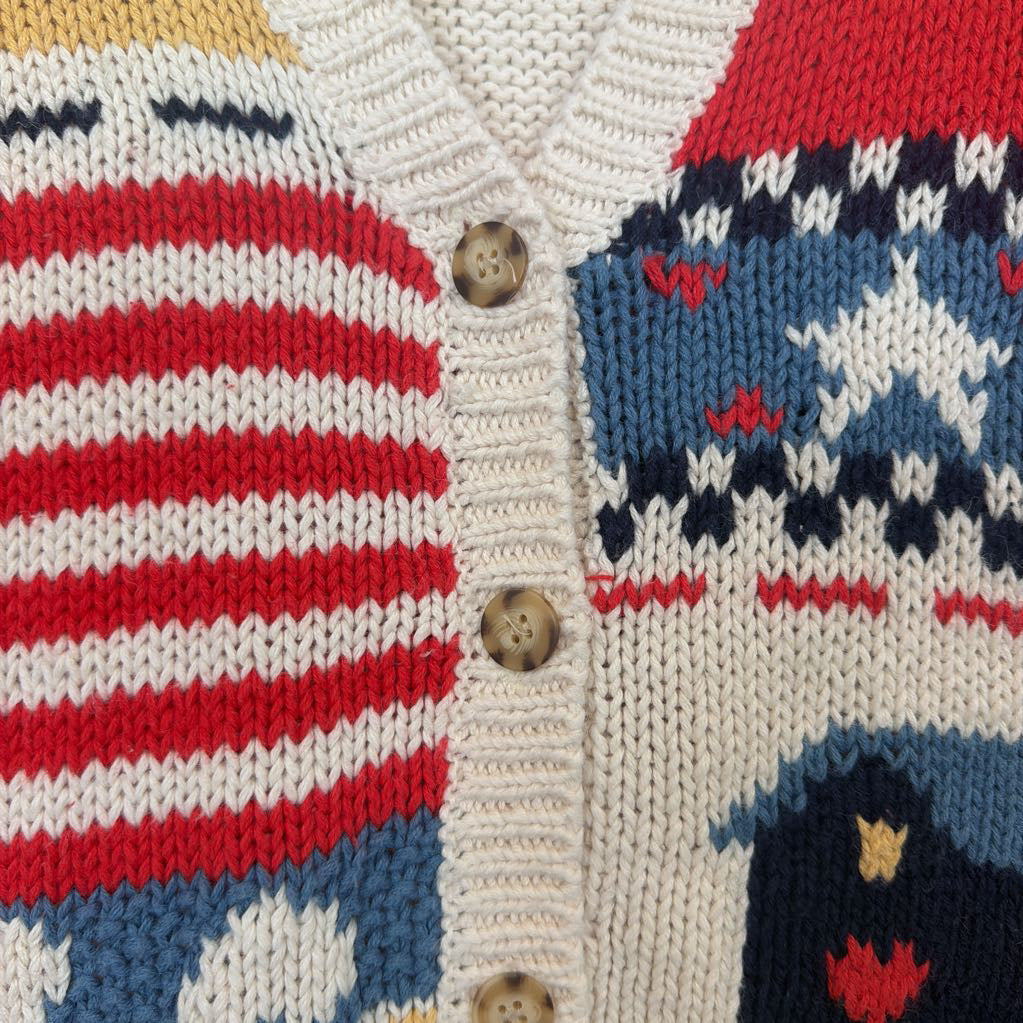 Close-up of a knitted fabric with American flag pattern and buttons.
