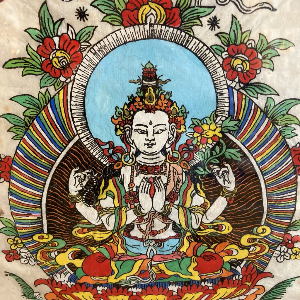 Colorful depiction of a deity with intricate details and floral elements