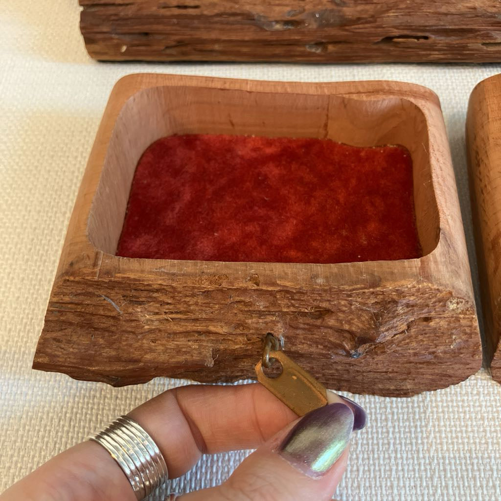 Wooden box with red interior, held by a hand wearing a silver ring.
