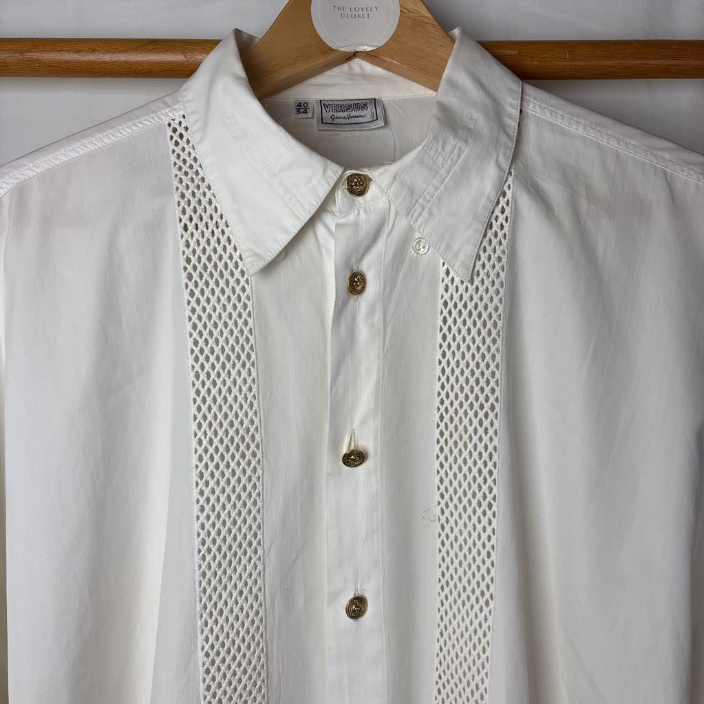 1990s Versus Gianna Versace Dress Shirt with Mesh Inserts Gold Tone Signature Buttons ASIS
