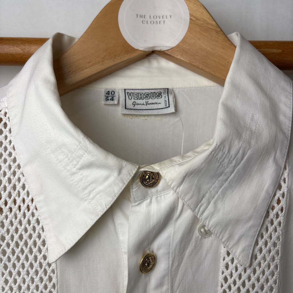 1990s Versus Gianna Versace Dress Shirt with Mesh Inserts Gold Tone Signature Buttons ASIS