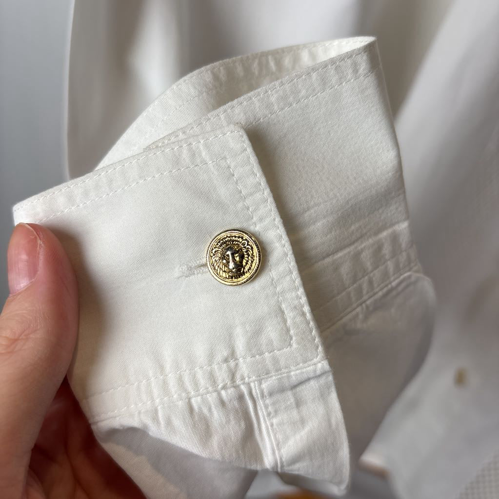 1990s Versus Gianna Versace Dress Shirt with Mesh Inserts Gold Tone Signature Buttons ASIS