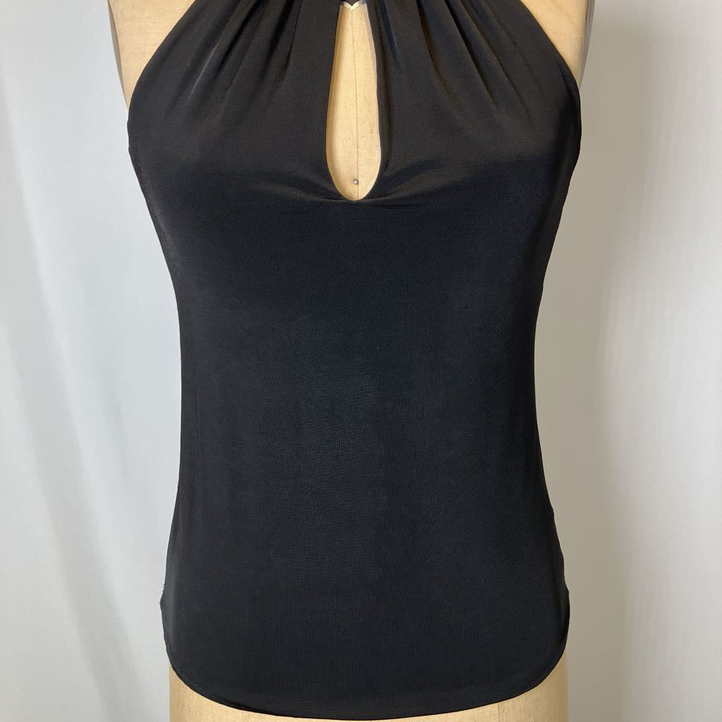 Black halter top on a mannequin against a neutral background