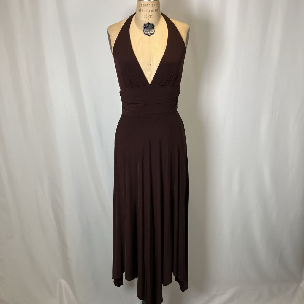 Brown dress on a mannequin against a white background