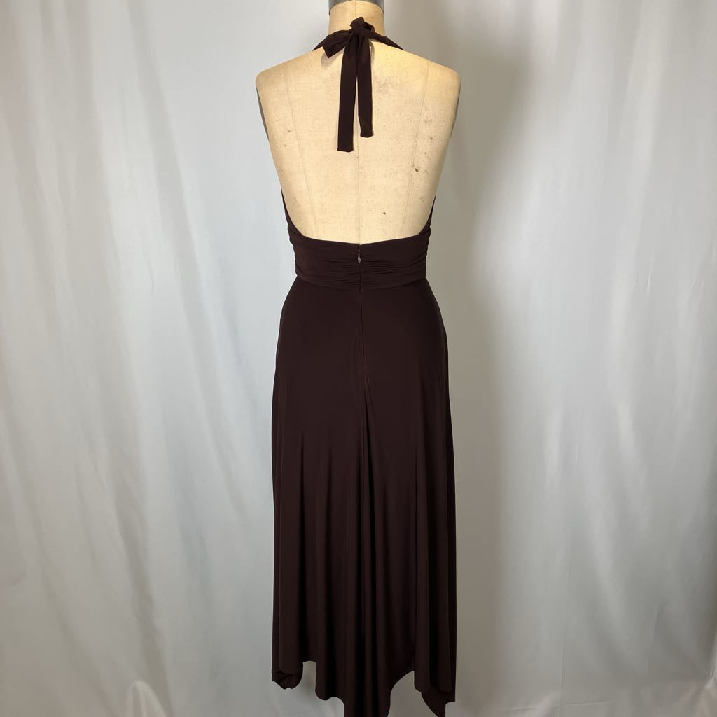 Brown halter top and skirt set on a mannequin against a white background