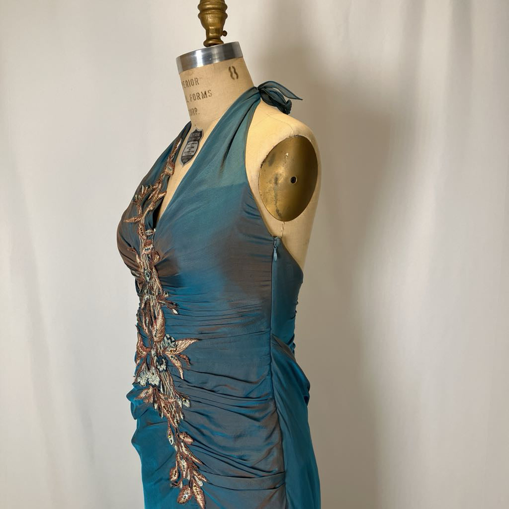 Y2K Vintage Alberto Makali Iridescent Embellished Halter Gown w/ Shawl