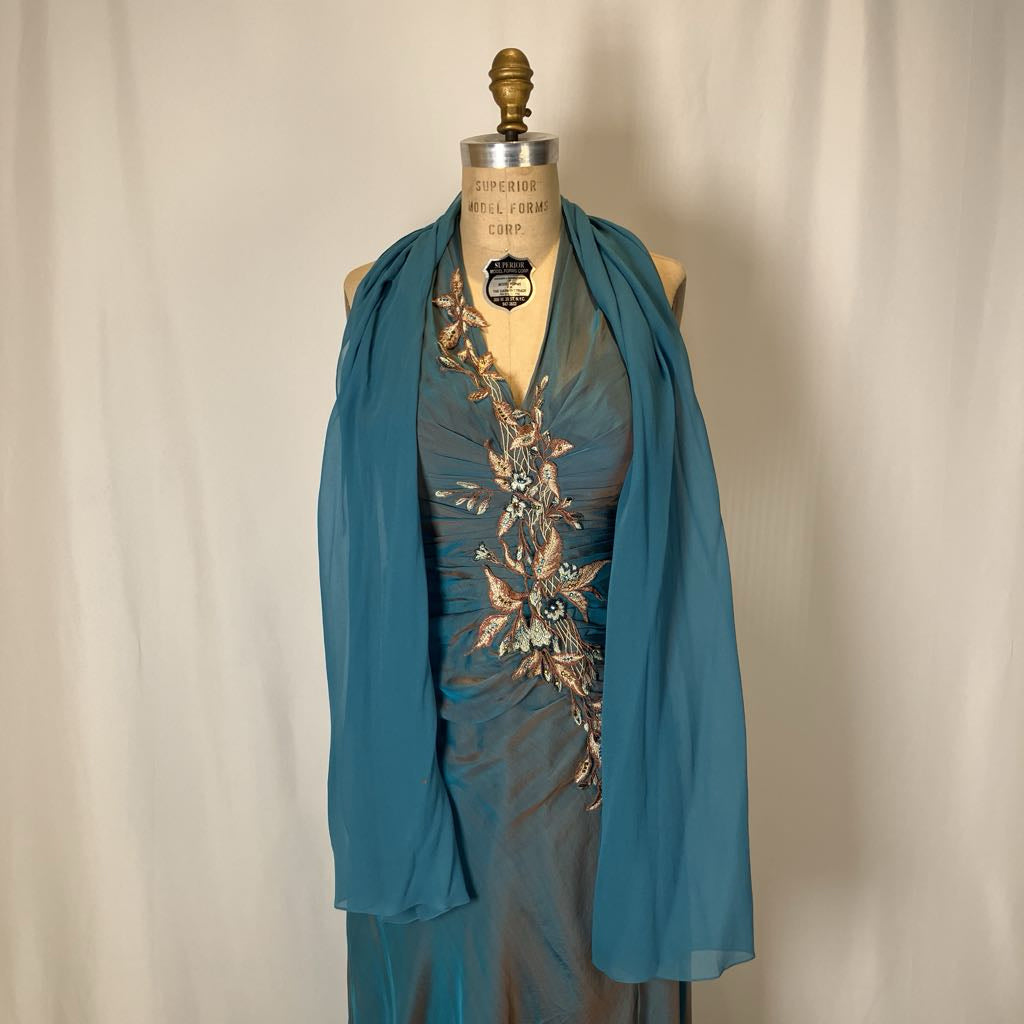Y2K Vintage Alberto Makali Iridescent Embellished Halter Gown w/ Shawl