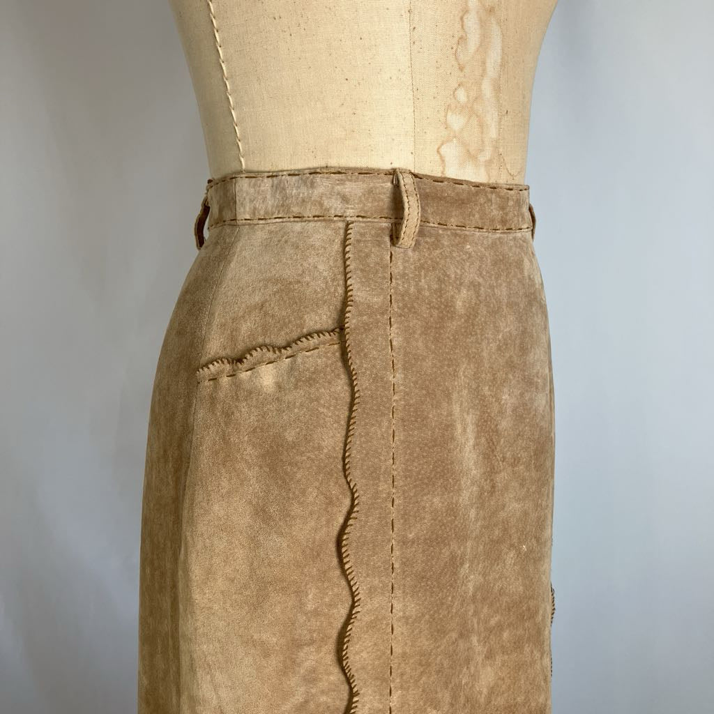 Modern Suede Maxi Skirt w/ Scallop Trim & Pockets