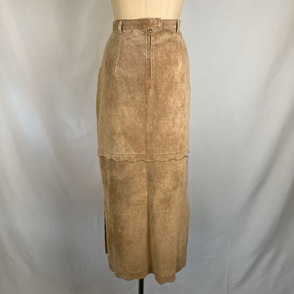 Modern Suede Maxi Skirt w/ Scallop Trim & Pockets