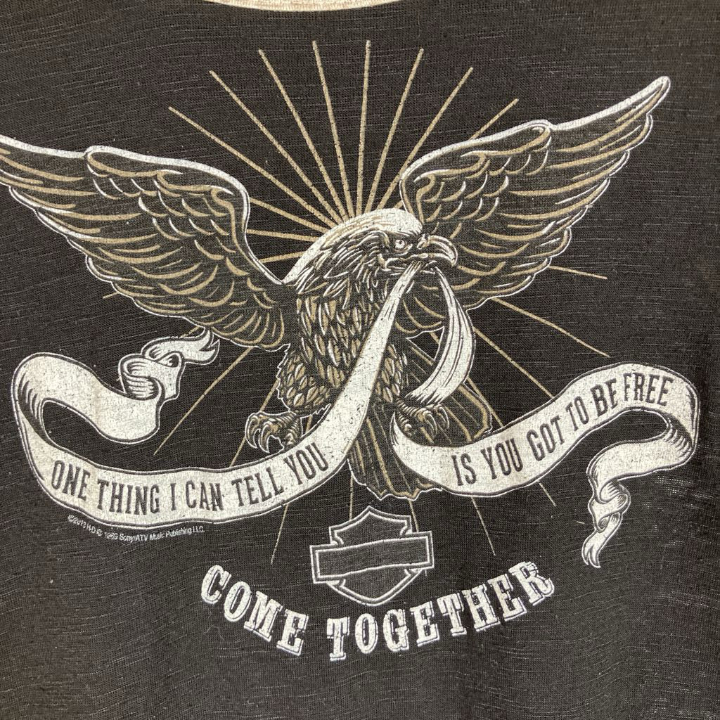 Close-up of a dark charcoal t-shirt featuring a distressed graphic of an eagle with outstretched wings holding a banner that reads 'ONE THING I CAN TELL YOU IS YOU GOT TO BE FREE' and 'COME TOGETHER' below it.