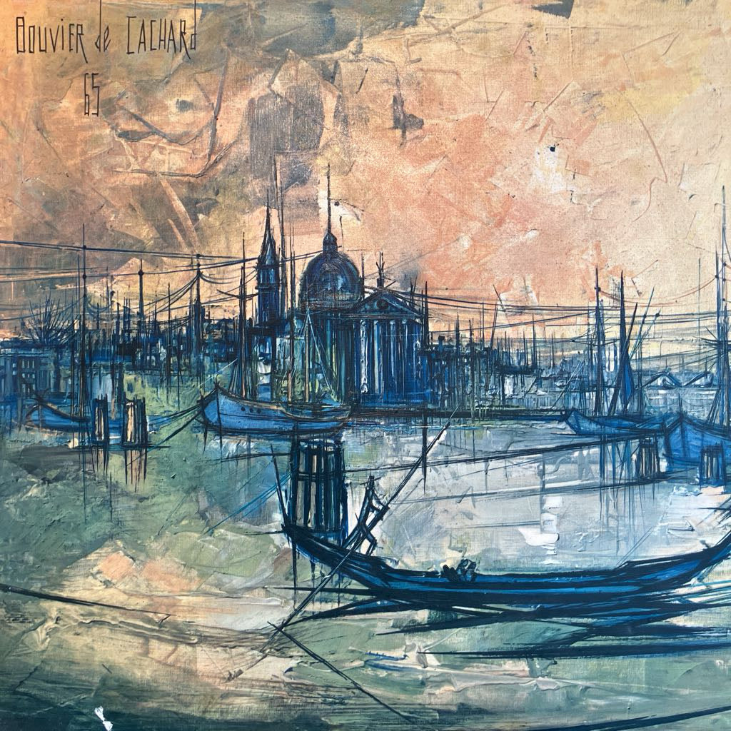 1965 Mid Century Modern Bouvier De Cachard Framed Painting of Venice As Is