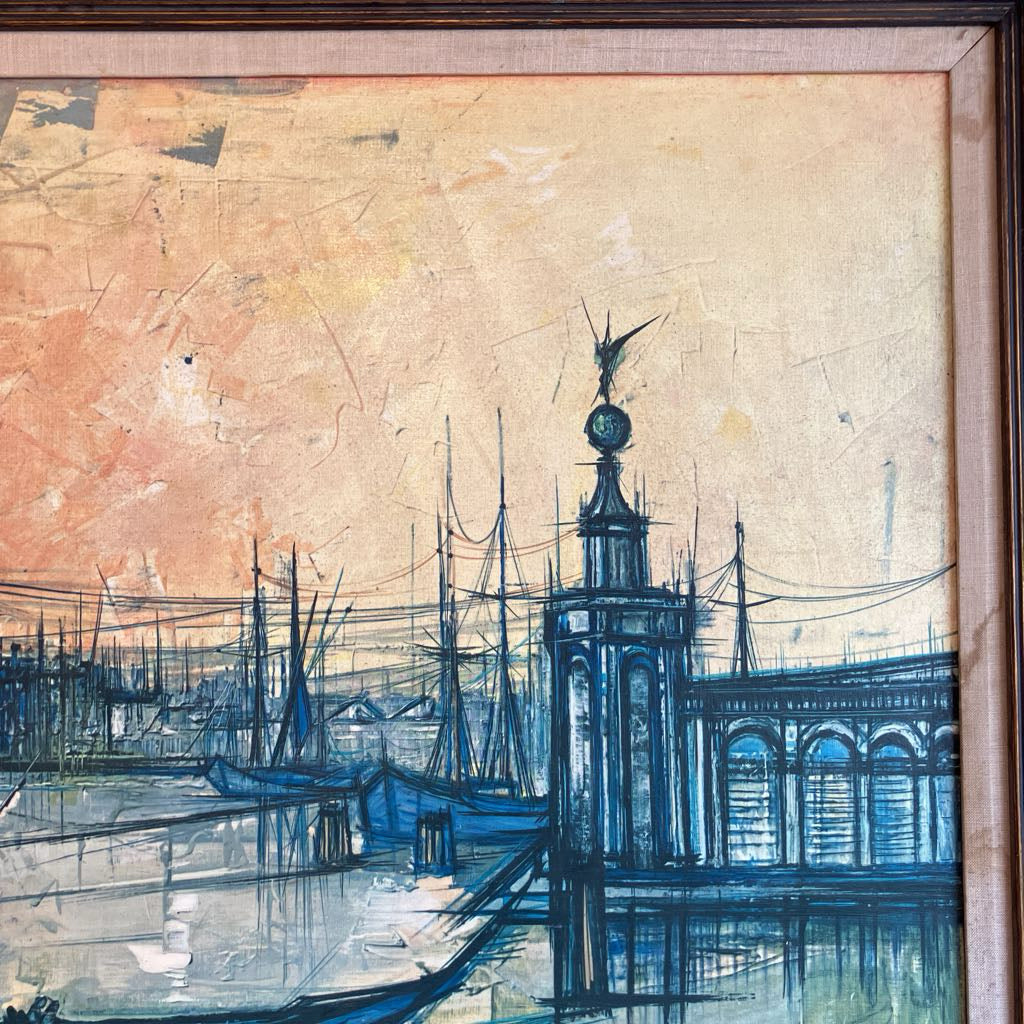 Orange and blue abstractly painted scene in Venice in a wooden frame.