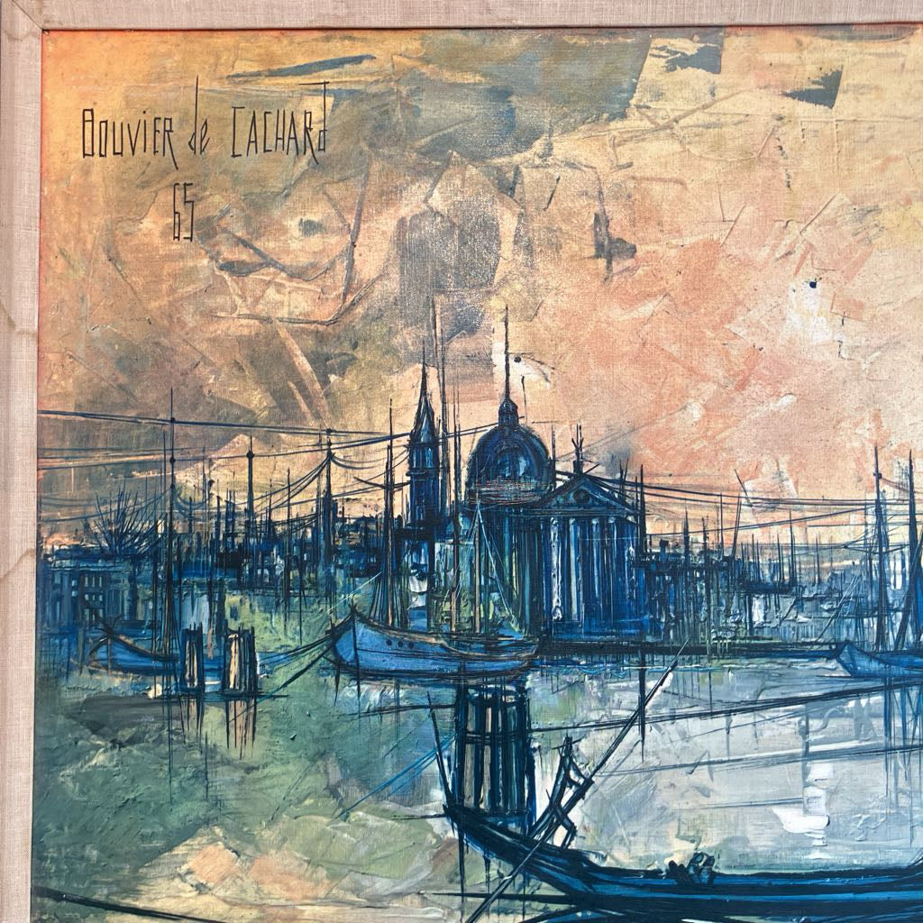 Orange and blue abstractly painted scene in Venice in a wooden frame signed Bouvier de Cachard 65.