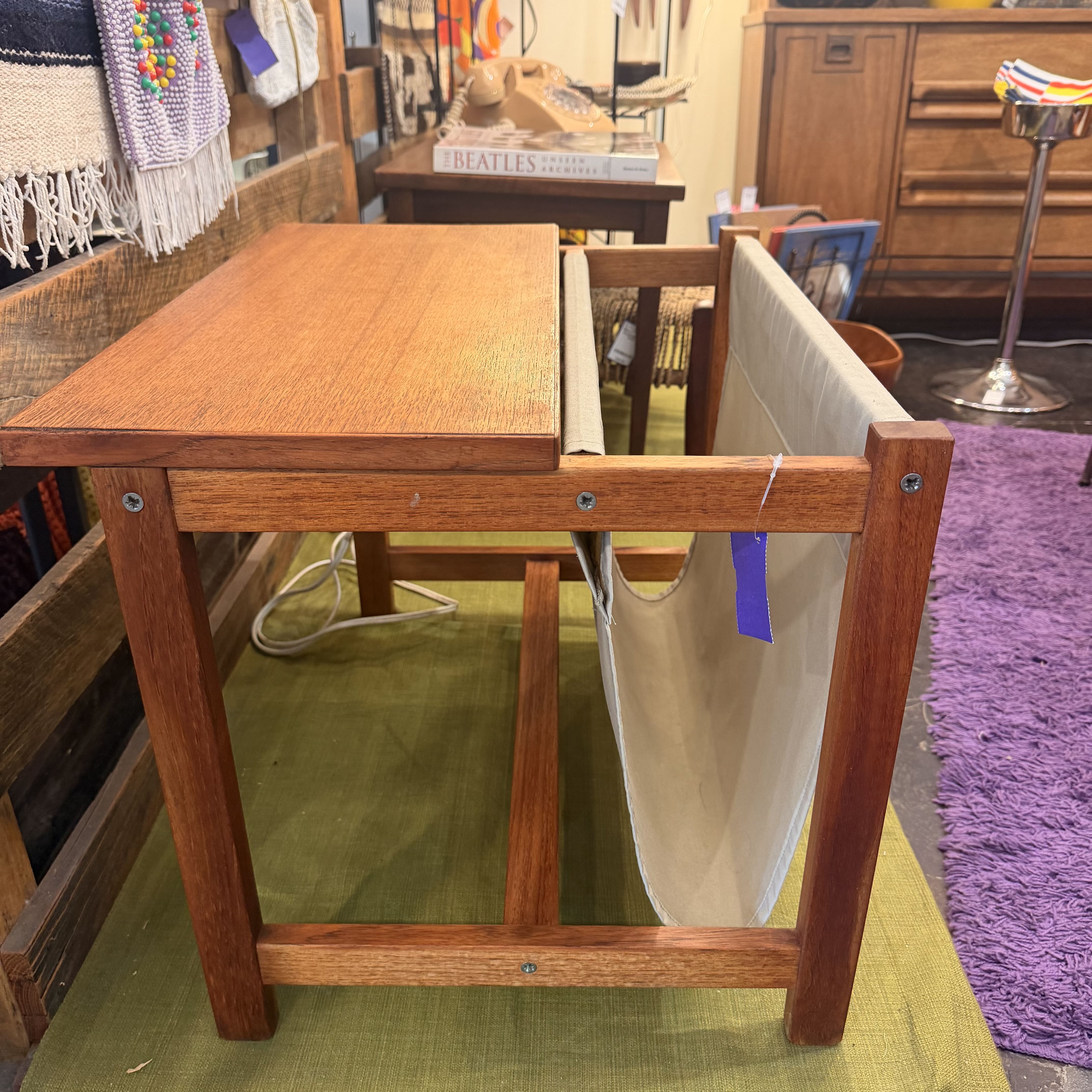 Mid Century Scandinavian Teak Accent Table w/ Canvas Magazine Holder
